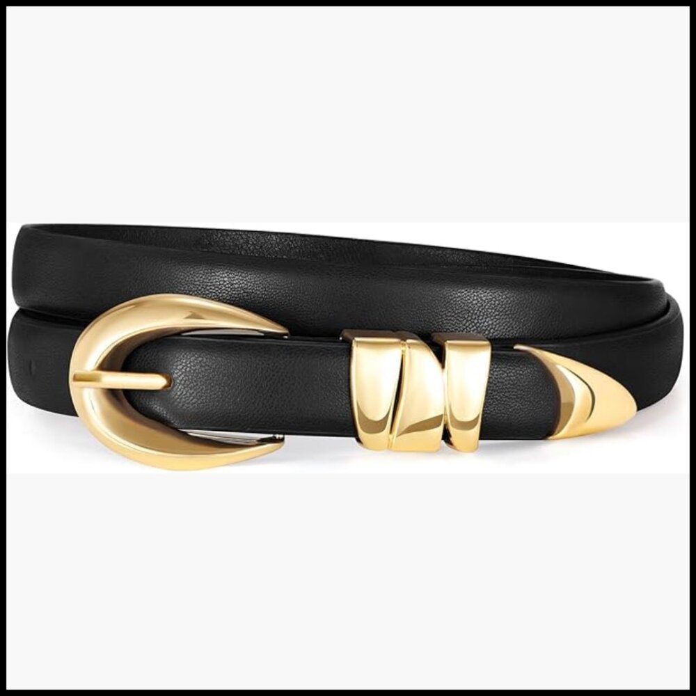 Women's Skinny Faux Leather Belt with Gold Buckle for Jeans Dresses